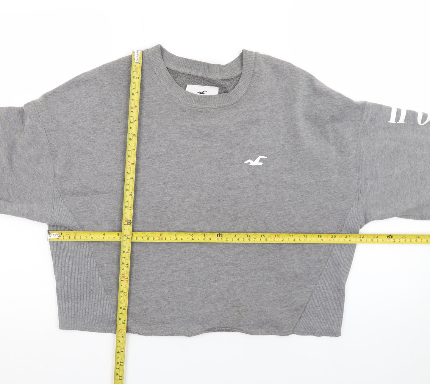 Hollister Women Grey Cropped Pullover Sweatshirt L Logo Crew Neck