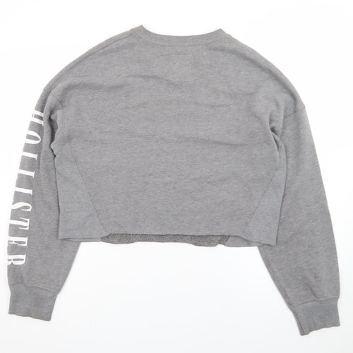 Hollister Women Grey Cropped Pullover Sweatshirt L Logo Crew Neck