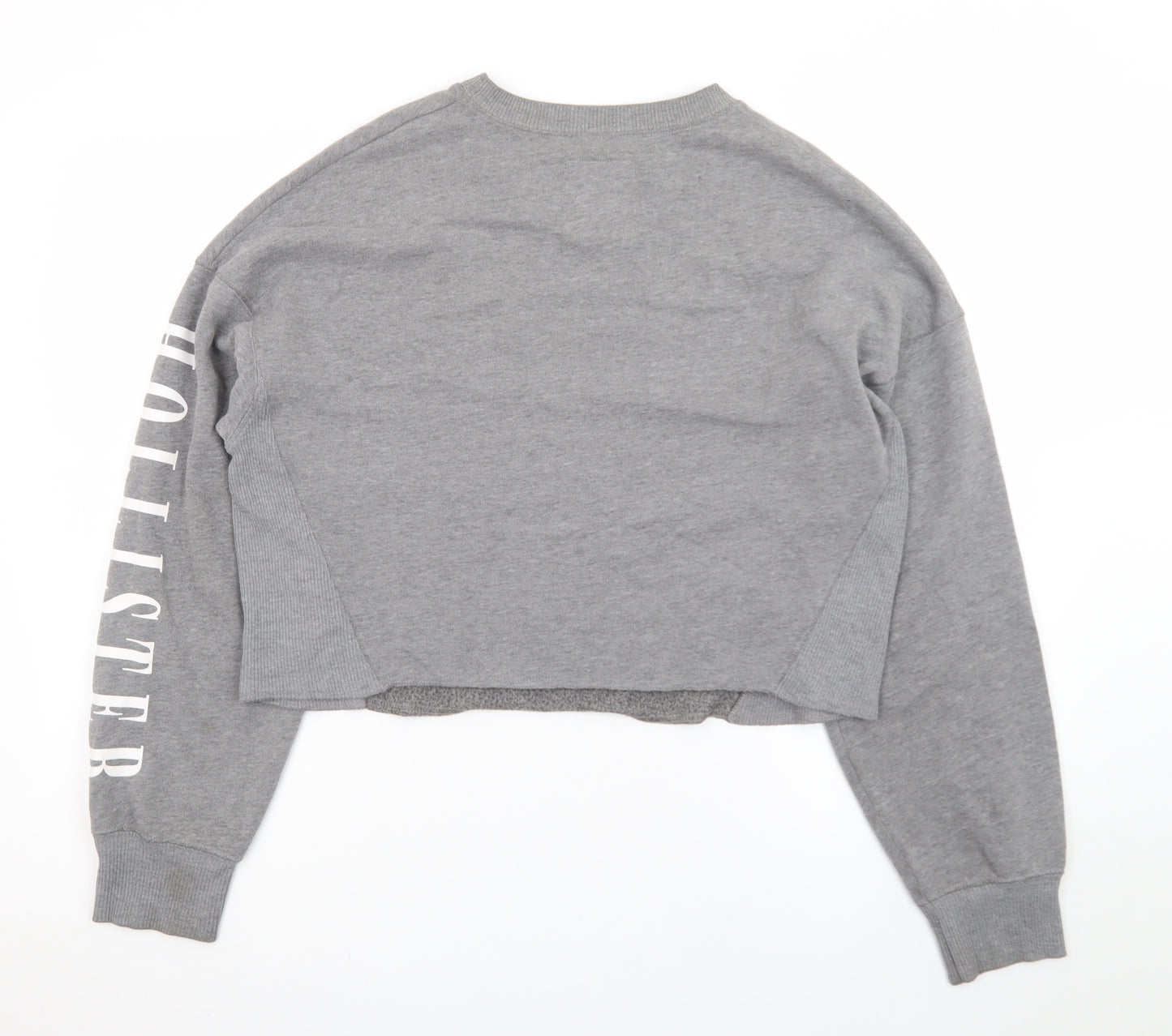 Hollister Women Grey Cropped Pullover Sweatshirt L Logo Crew Neck