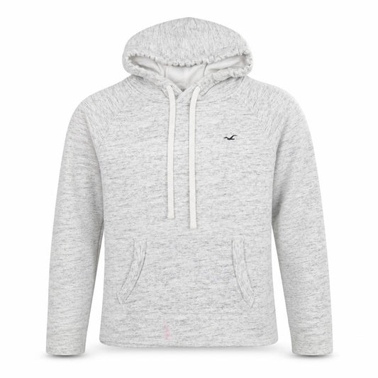 Front view of Hollister women’s grey hooded pullover sweatshirt, size S, fleece lined