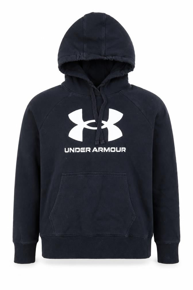 Front view of Under Armour Men’s Black Pullover Hoodie Small Graphic Logo Fleece
