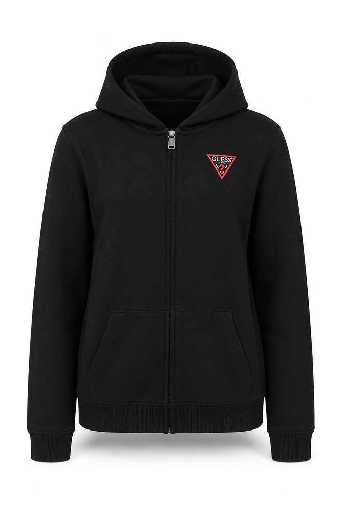 Front view of Guess women’s black, size UK 12, full zip hoodie sweatshirt