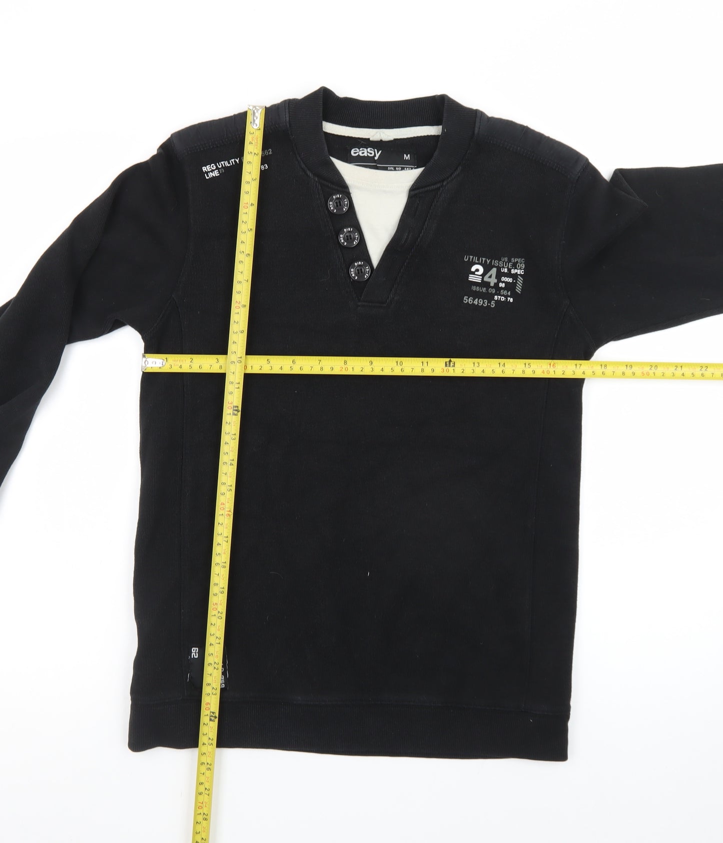 Easy Men's Black Henley Long Sleeve Cotton Blend T-Shirt Size M