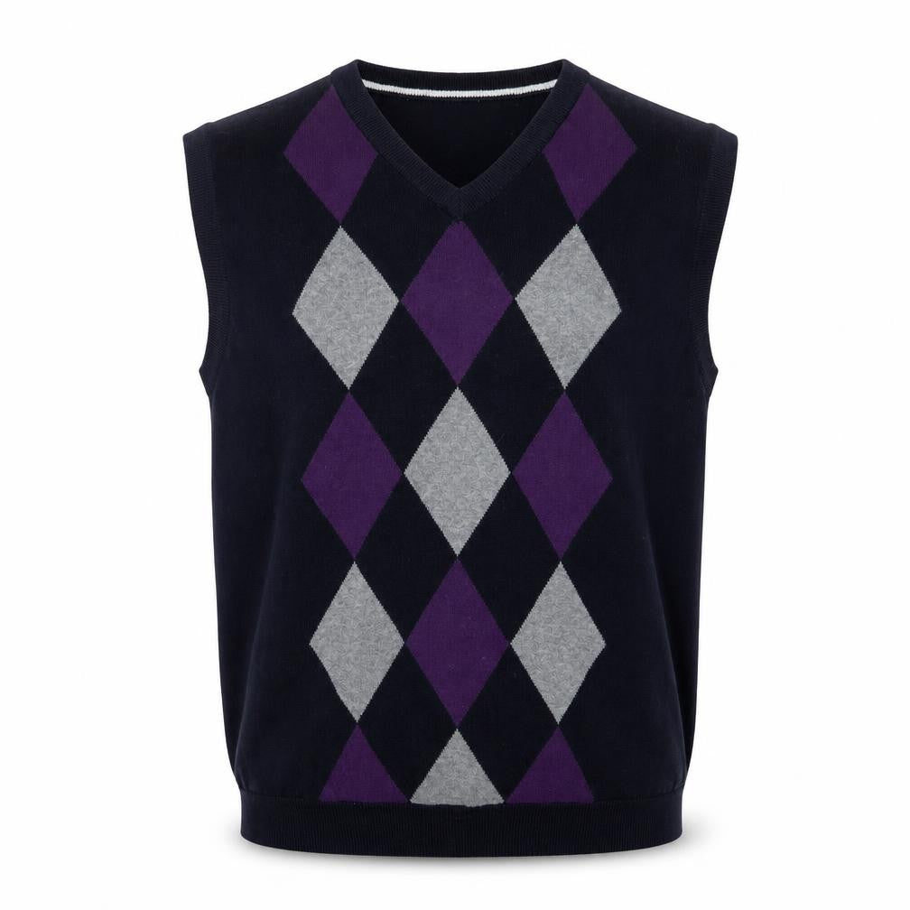 Front view of Saddlebred Men's Black Argyle Cotton Knit V-Neck Vest, size L