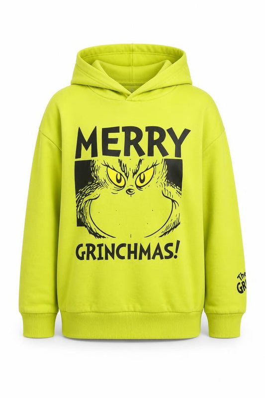 Front view of The Grinch boys’ green hoodie 10-11 years pullover christmas graphic print