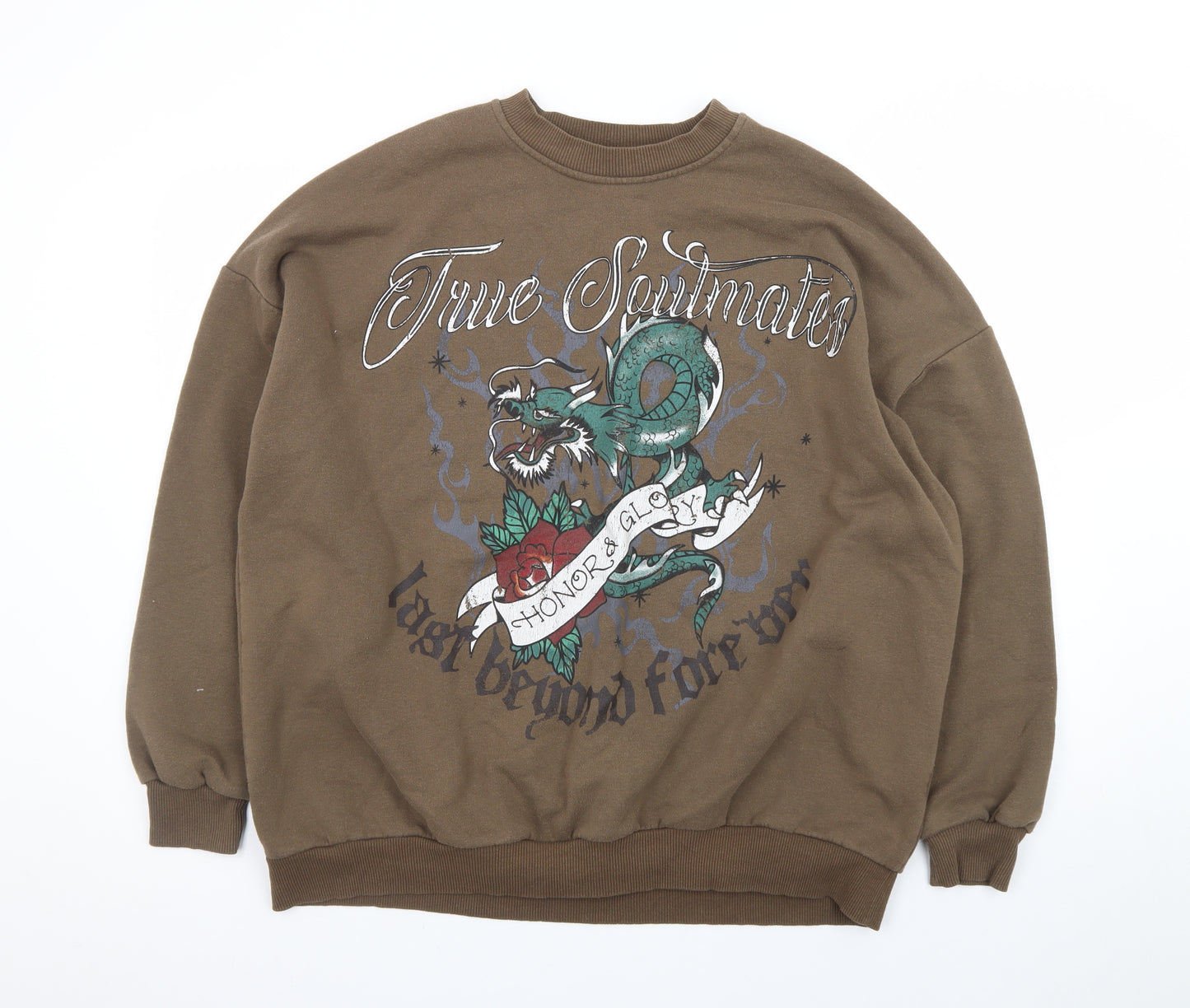 Bershka Men’s Brown Dragon Graphic Pullover Sweatshirt Size M