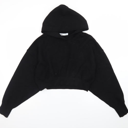 ZARA Womens Black Wool Blend Hooded Pullover Jumper Size 12