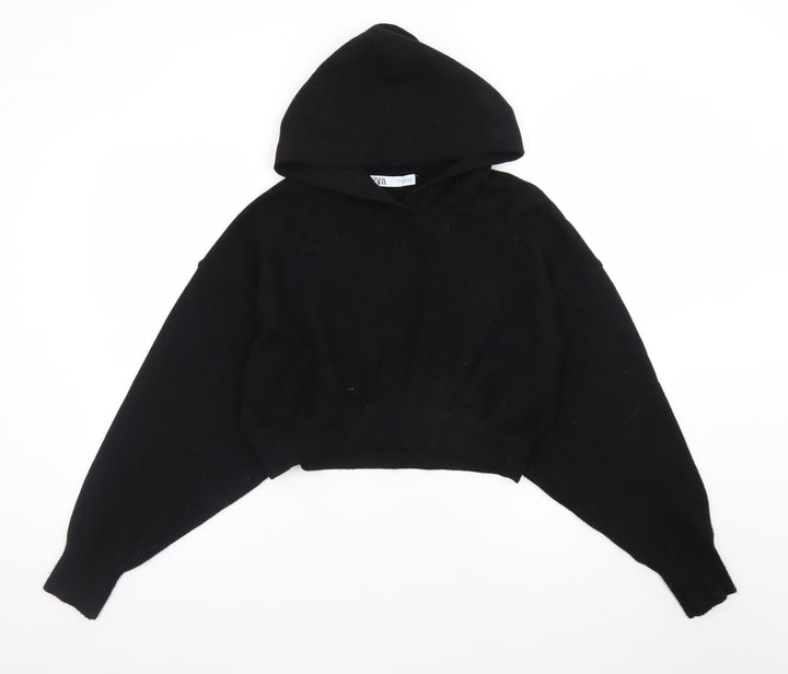 ZARA Womens Black Wool Blend Hooded Pullover Jumper Size 12