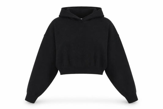 Front view of Zara women’s black wool blend hooded jumper, size UK 12