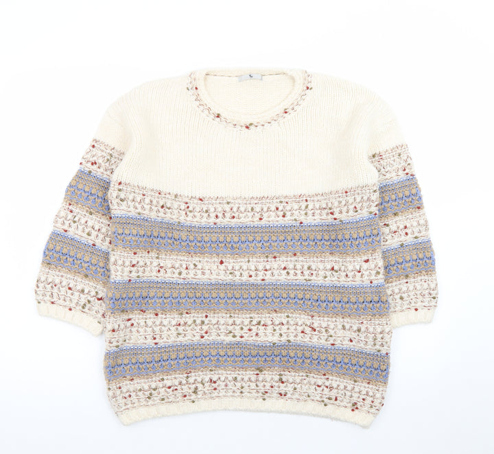 Tu Women Cream Multicoloured Knit Jumper Size 14 Crew Neck