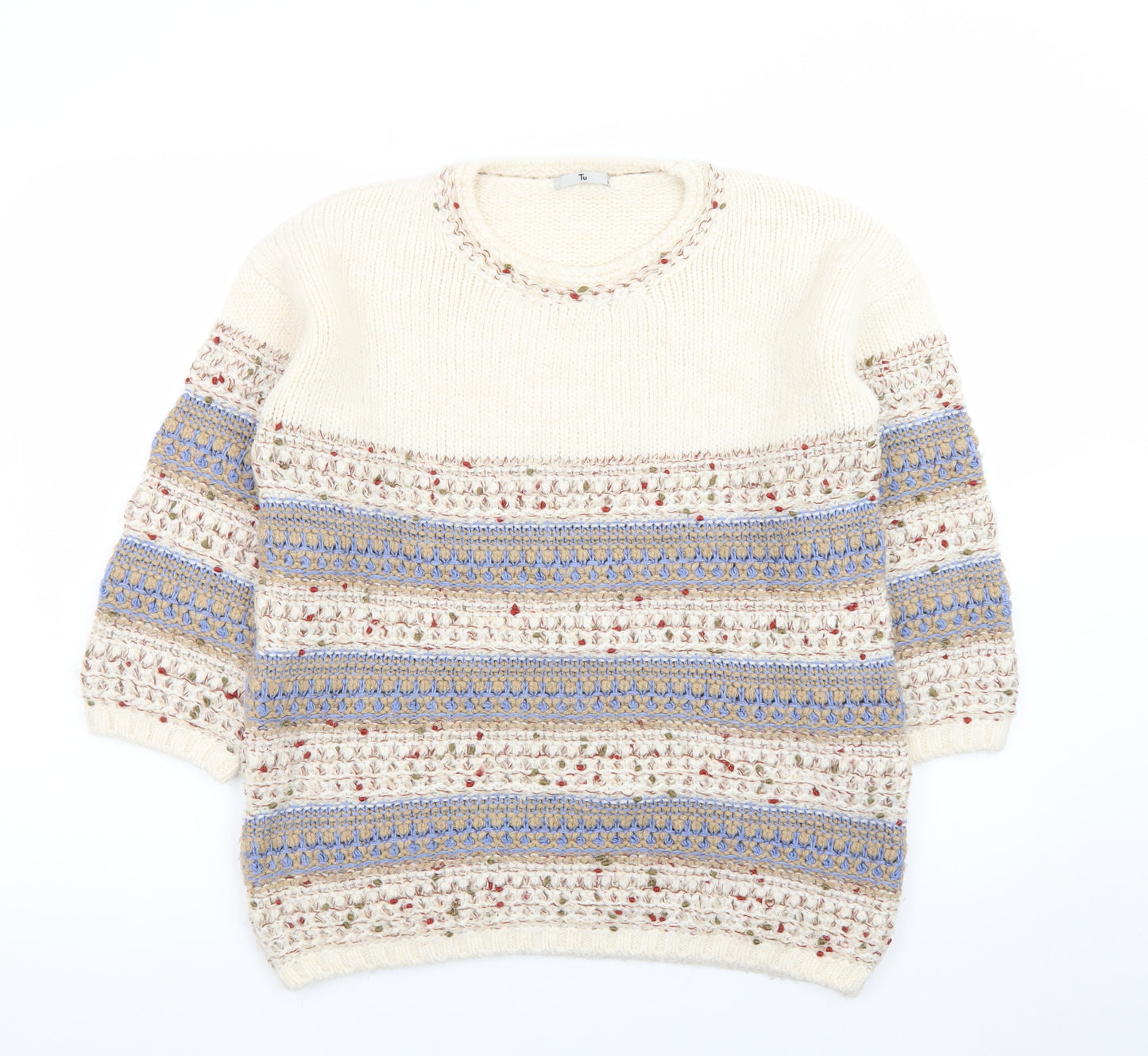 Tu Women Cream Multicoloured Knit Jumper Size 14 Crew Neck
