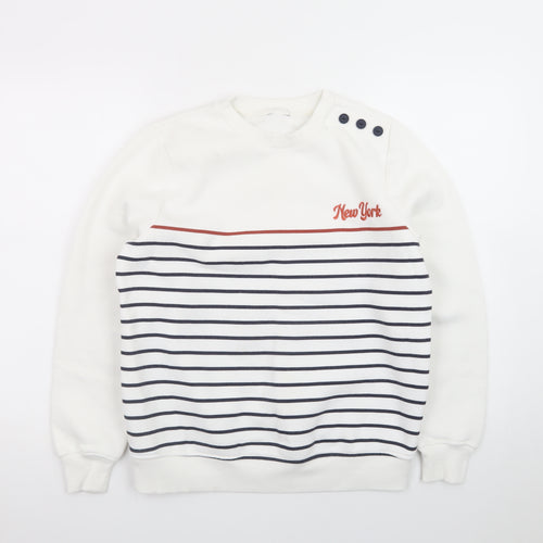 M&Co Women White Striped Crew Neck Button Sweatshirt Size 10 UK