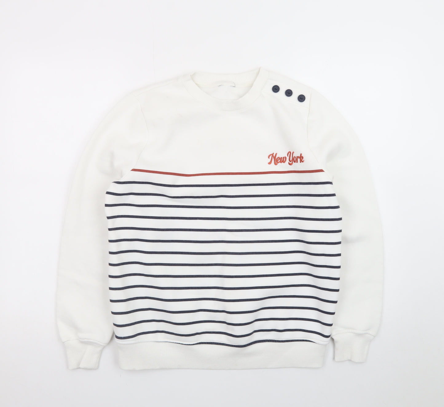 M&Co Women White Striped Crew Neck Button Sweatshirt Size 10 UK