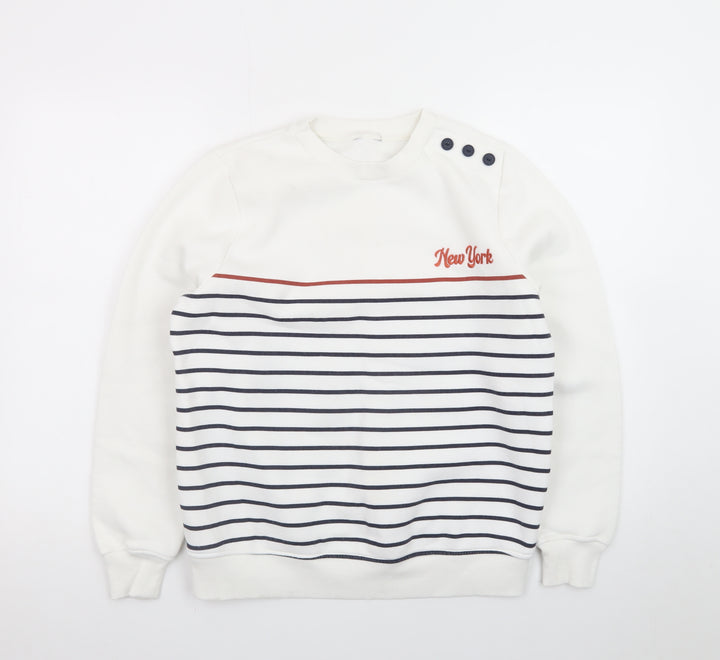 M&Co Women White Striped Crew Neck Button Sweatshirt Size 10 UK