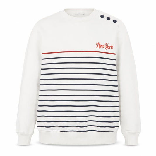 Front view of M&Co Women White Striped Crew Neck Button Sweatshirt, size 10, UK