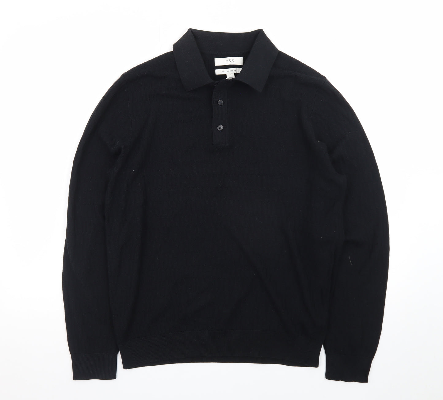 Marks and Spencer Men's Black Cotton Modal Long Sleeve Polo M