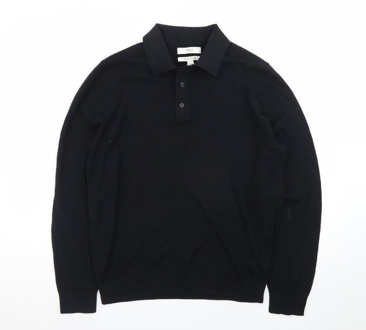 Marks and Spencer Men's Black Cotton Modal Long Sleeve Polo M