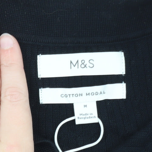 Marks and Spencer Men's Black Cotton Modal Long Sleeve Polo M