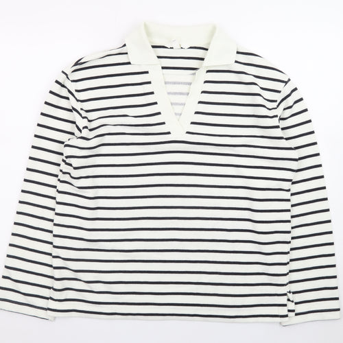 H&M Women's White Striped V-Neck Long Sleeve Cotton T-Shirt Size S