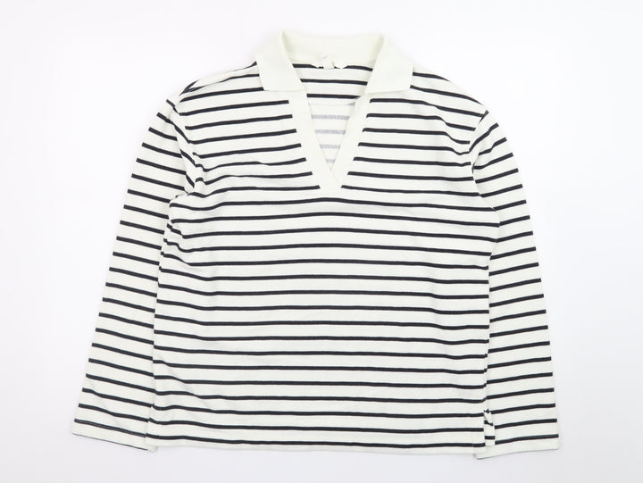 H&M Women's White Striped V-Neck Long Sleeve Cotton T-Shirt Size S