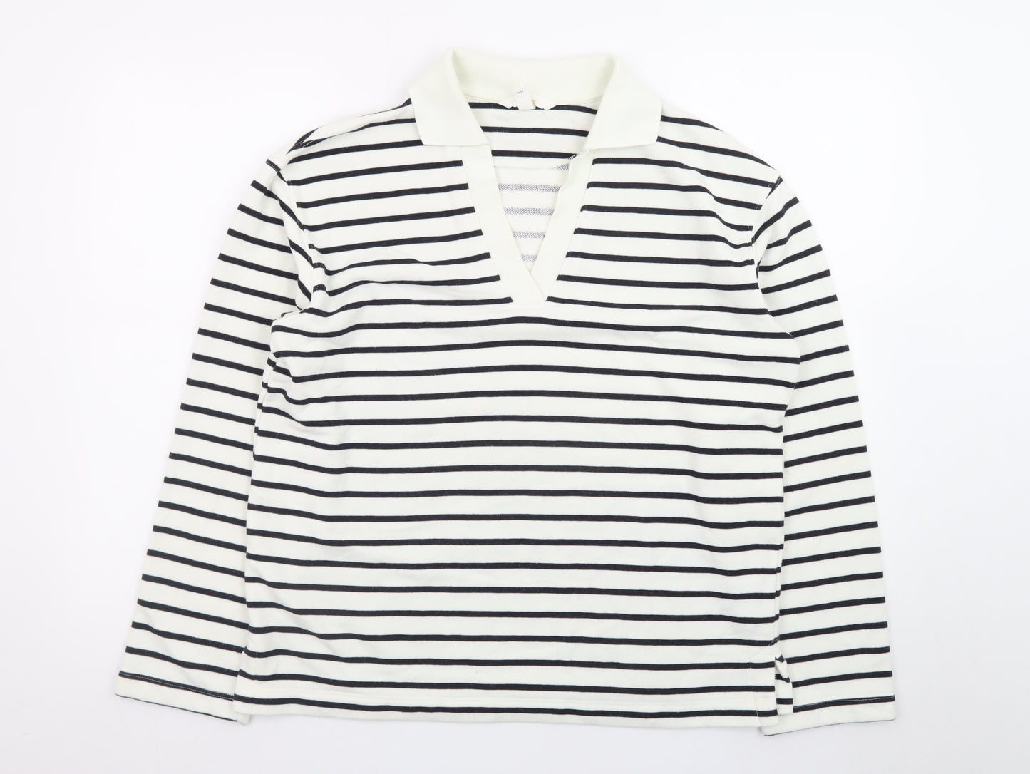 H&M Women's White Striped V-Neck Long Sleeve Cotton T-Shirt Size S