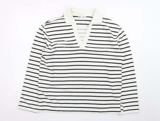 H&M Women's White Striped V-Neck Long Sleeve Cotton T-Shirt Size S