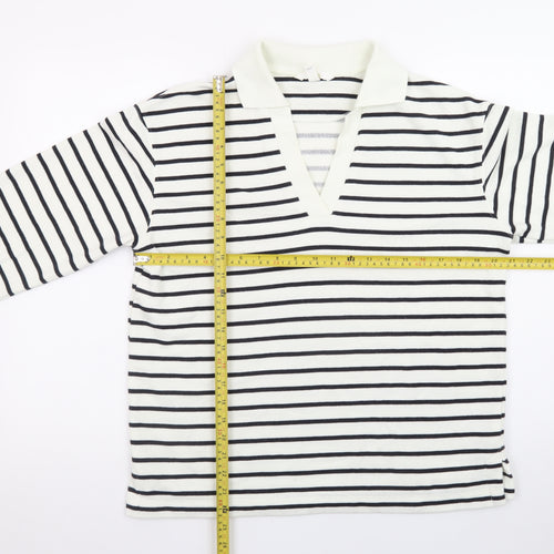 H&M Women's White Striped V-Neck Long Sleeve Cotton T-Shirt Size S