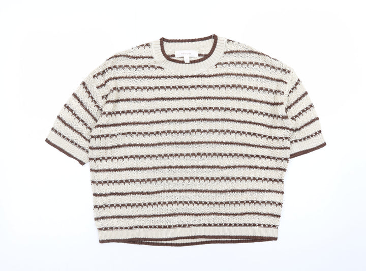 Marks and Spencer Per Una Women’s Beige Striped Knit Short Sleeve Jumper M