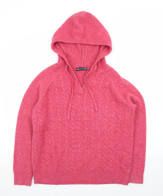 Marks and Spencer Women's Pink Hooded Cable-Knit Jumper M