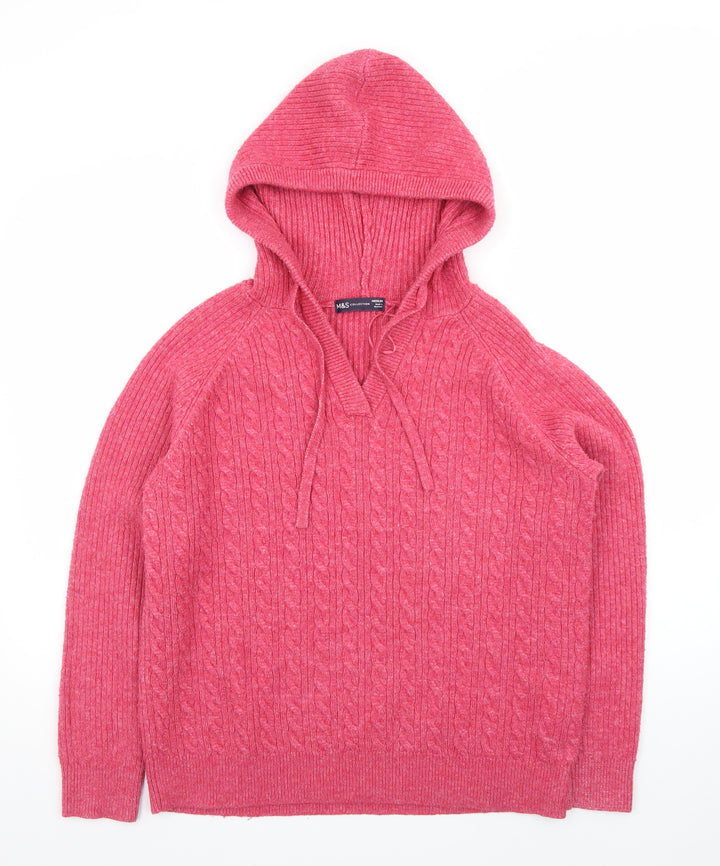 Marks and Spencer Women's Pink Hooded Cable-Knit Jumper M