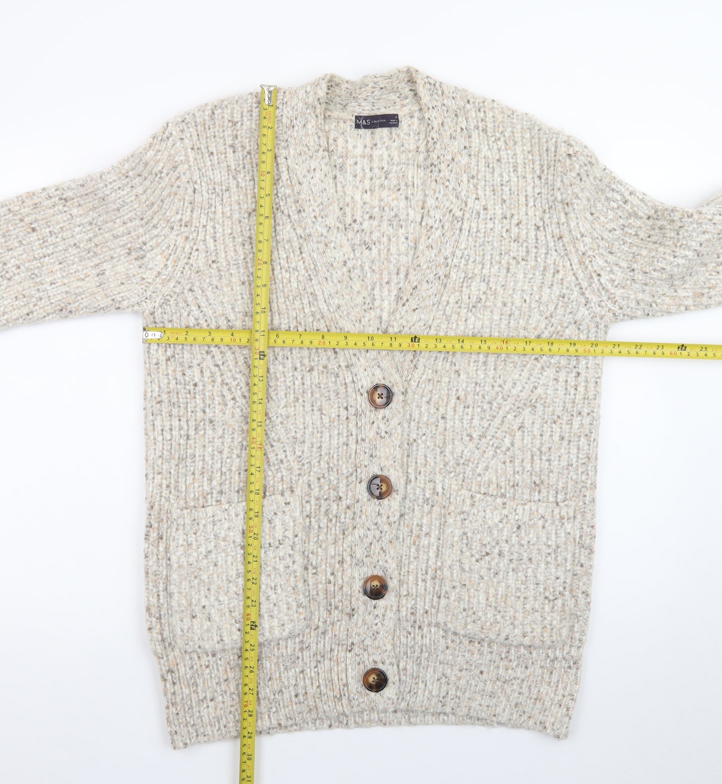 Marks and Spencer Women's Beige Chunky Knit V-Neck Cardigan M