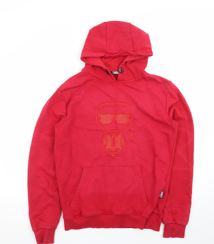 Karl Lagerfeld Men Red Pullover Hoodie L Embroidered Logo Sweatshirt