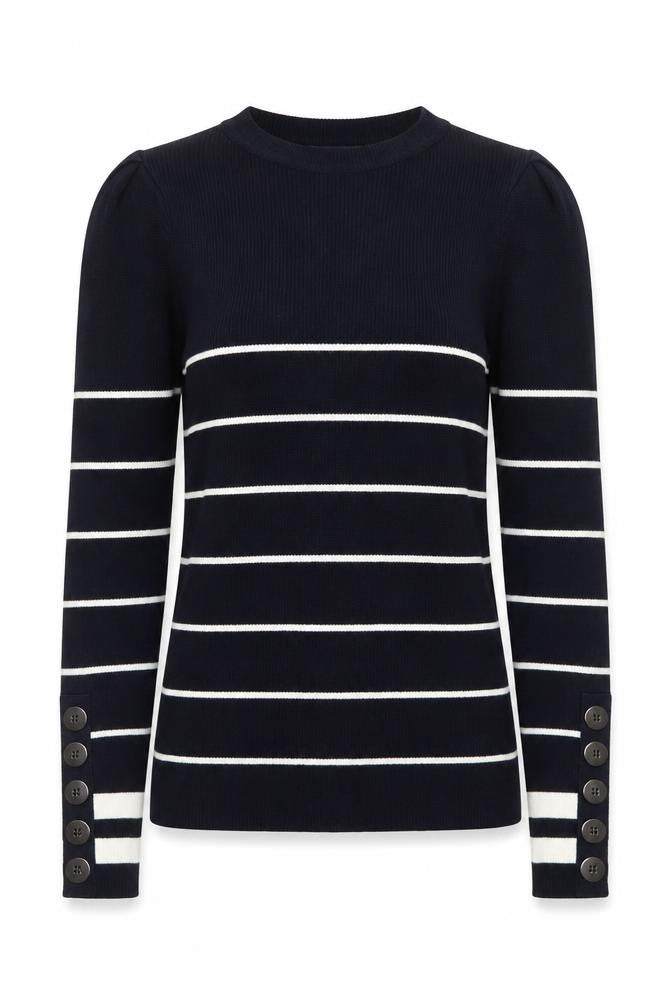 Front view of Mint Velvet Women’s Blue Striped Crew Neck jumper, size S