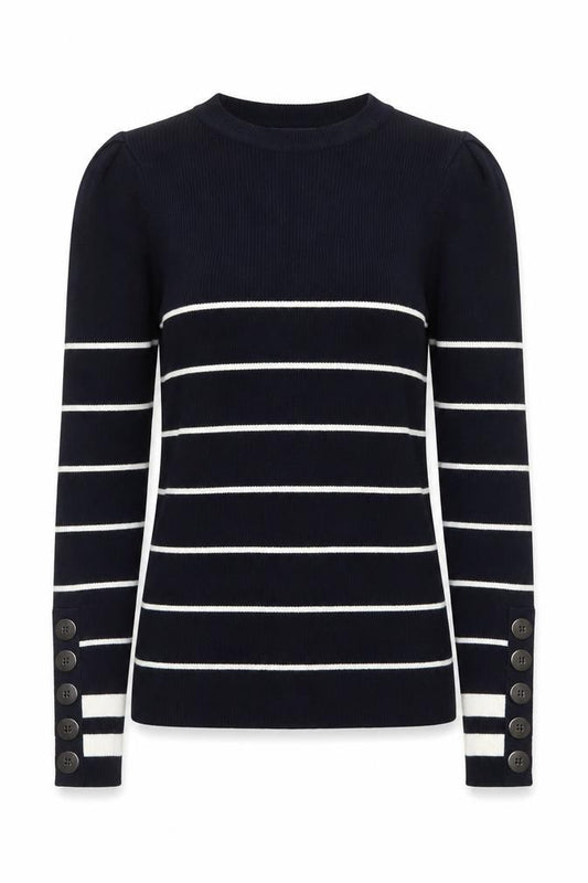 Front view of Mint Velvet Women’s Blue Striped Crew Neck jumper, size S