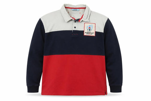 Front view of Rugby World Cup 2019 Men’s Navy Red Grey XL Long Sleeve Polo Shirt
