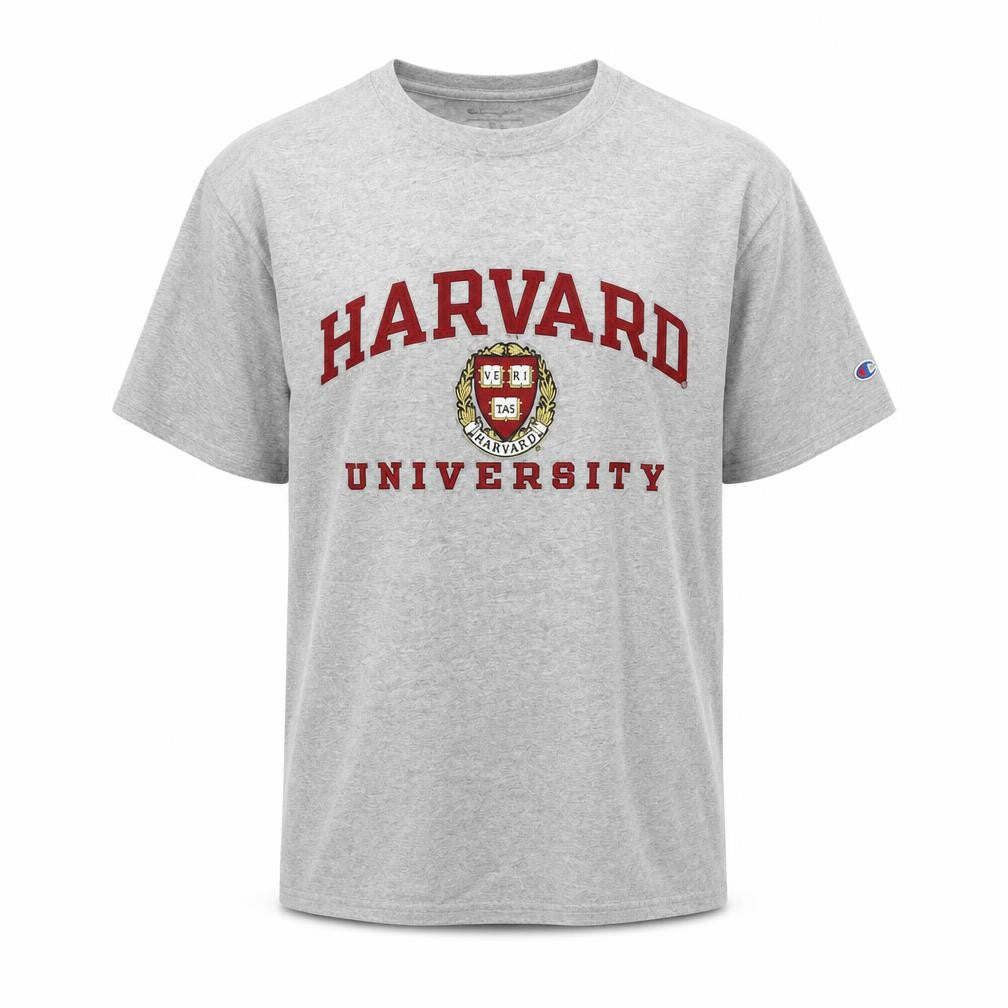 Front view of Champion Men’s Grey Harvard University Graphic T-Shirt, size M