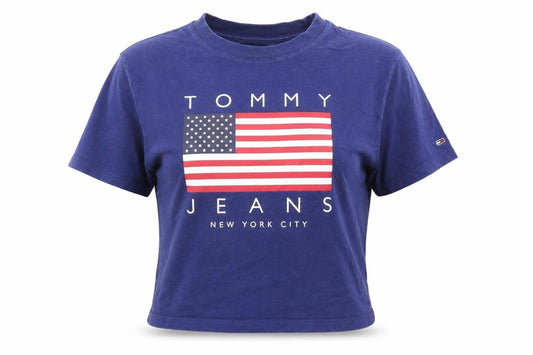 Front view of Tommy Jeans Women's Blue Cropped T-Shirt XS Crew Neck