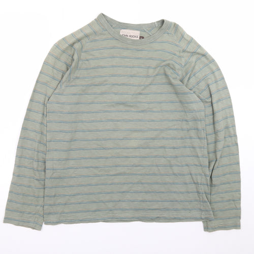 John Rocha Men's Green Striped Long Sleeve Cotton T-Shirt M