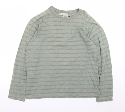 John Rocha Men's Green Striped Long Sleeve Cotton T-Shirt M