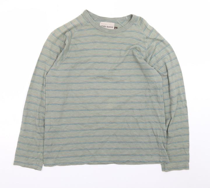 John Rocha Men's Green Striped Long Sleeve Cotton T-Shirt M