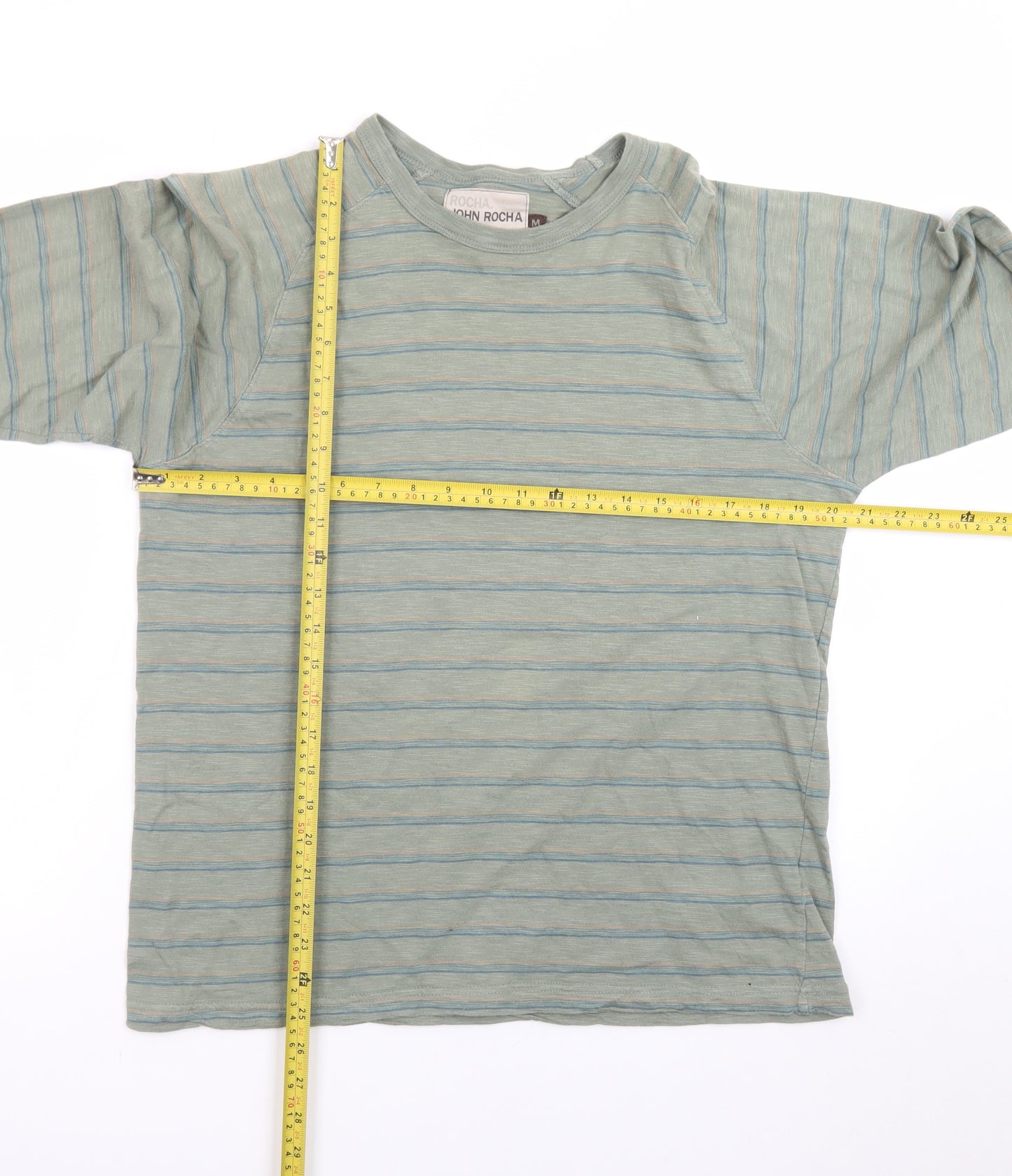 John Rocha Men's Green Striped Long Sleeve Cotton T-Shirt M