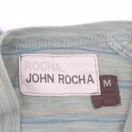 John Rocha Men's Green Striped Long Sleeve Cotton T-Shirt M