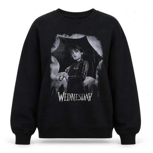 Front view of Wednesday Black XS women’s pullover sweatshirt with graphic print