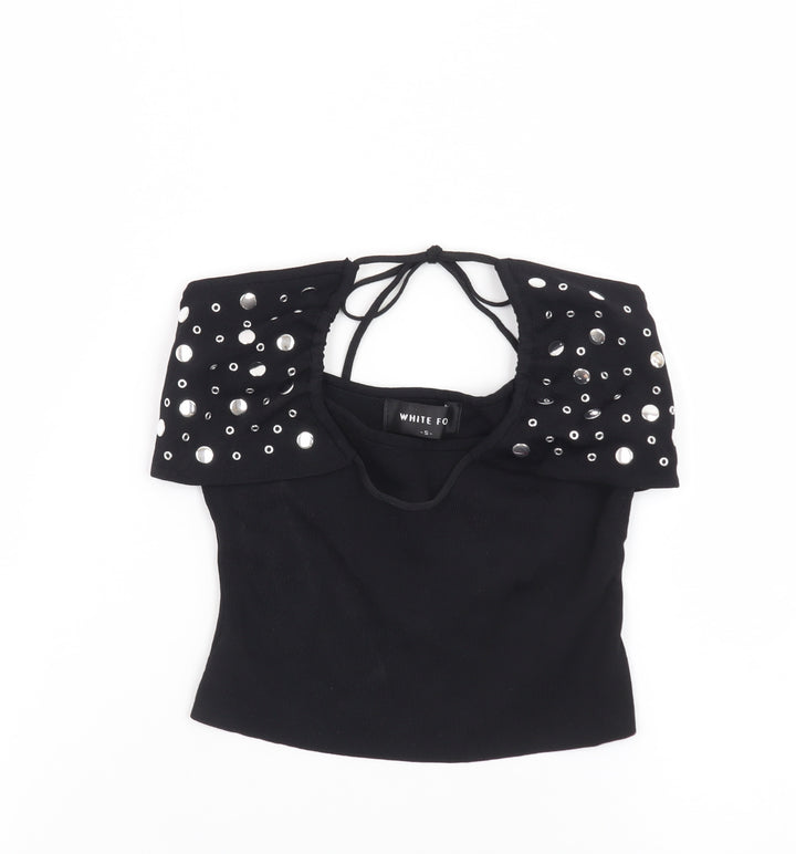 White Fox Women's Black Studded Halter Cropped Top Size S