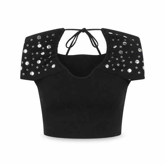 Front view of White Fox Women's Black Studded Halter Cropped Top, size S