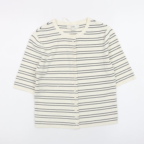 Marks and Spencer Women Ivory Striped 3/4 Sleeve Button-Up Knit Top Size S