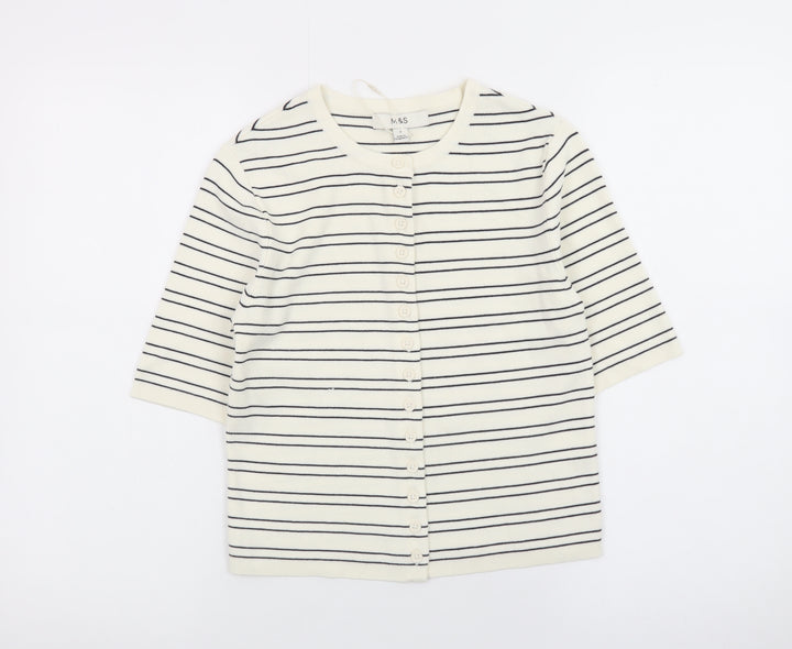 Marks and Spencer Women Ivory Striped 3/4 Sleeve Button-Up Knit Top Size S