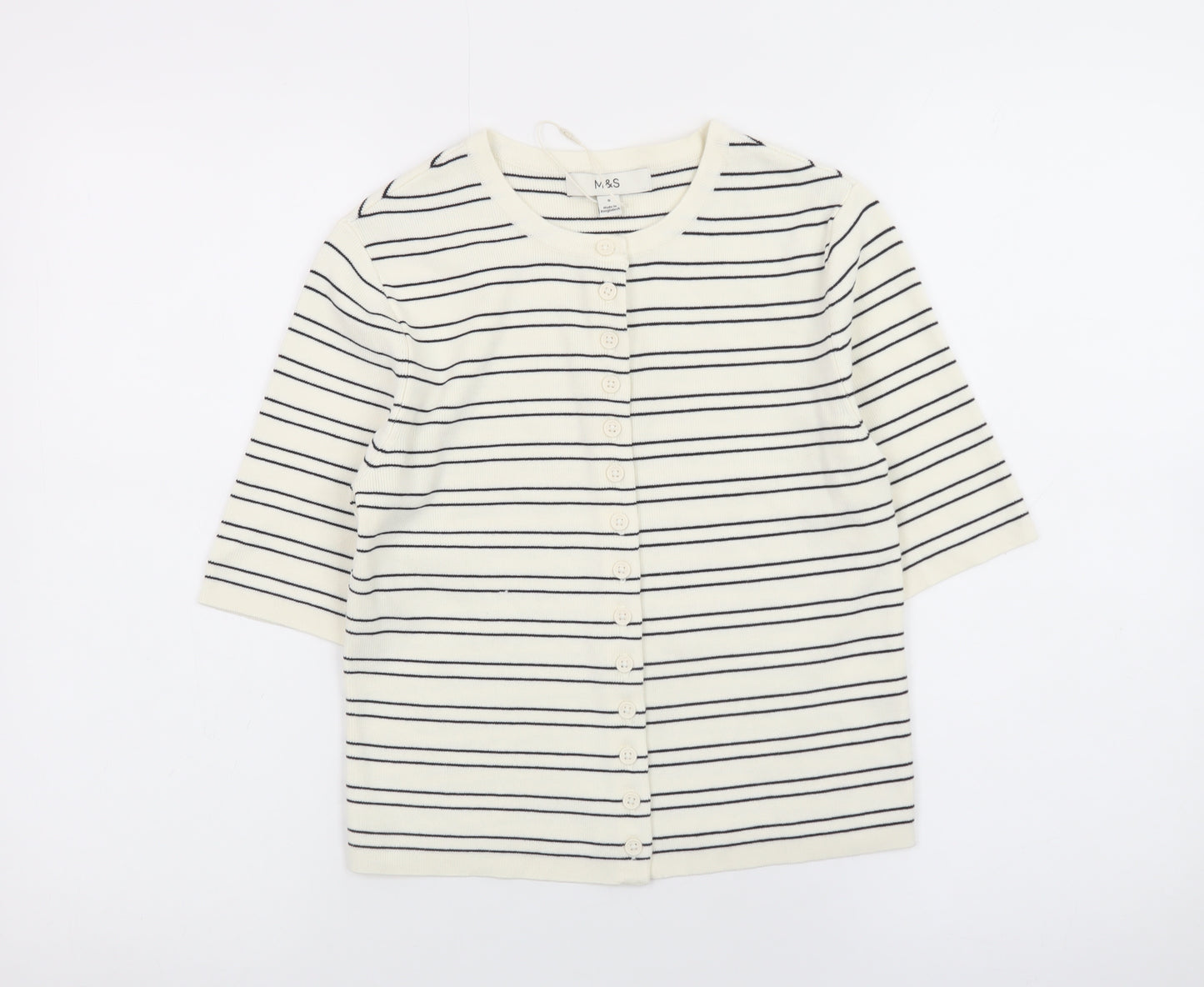 Marks and Spencer Women Ivory Striped 3/4 Sleeve Button-Up Knit Top Size S