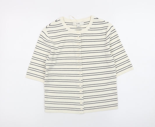 Marks and Spencer Women Ivory Striped 3/4 Sleeve Button-Up Knit Top Size S