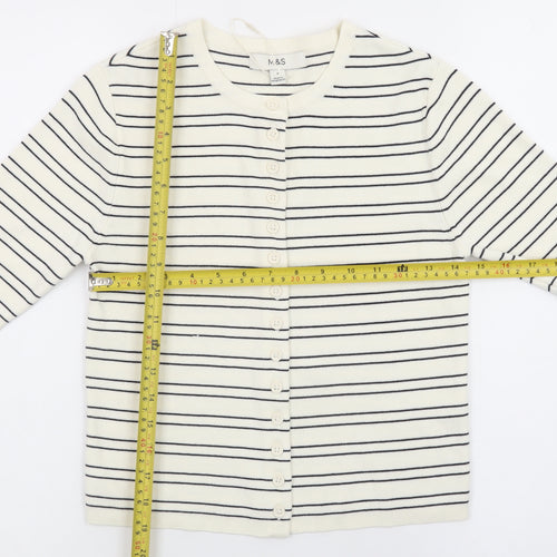 Marks and Spencer Women Ivory Striped 3/4 Sleeve Button-Up Knit Top Size S